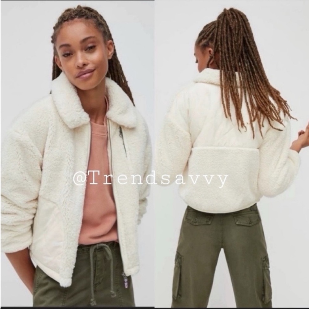 Anthropologie Skye Sherpa Teddy Fleece Zip Jacket Cream XL Cozy Winter Coat NWT